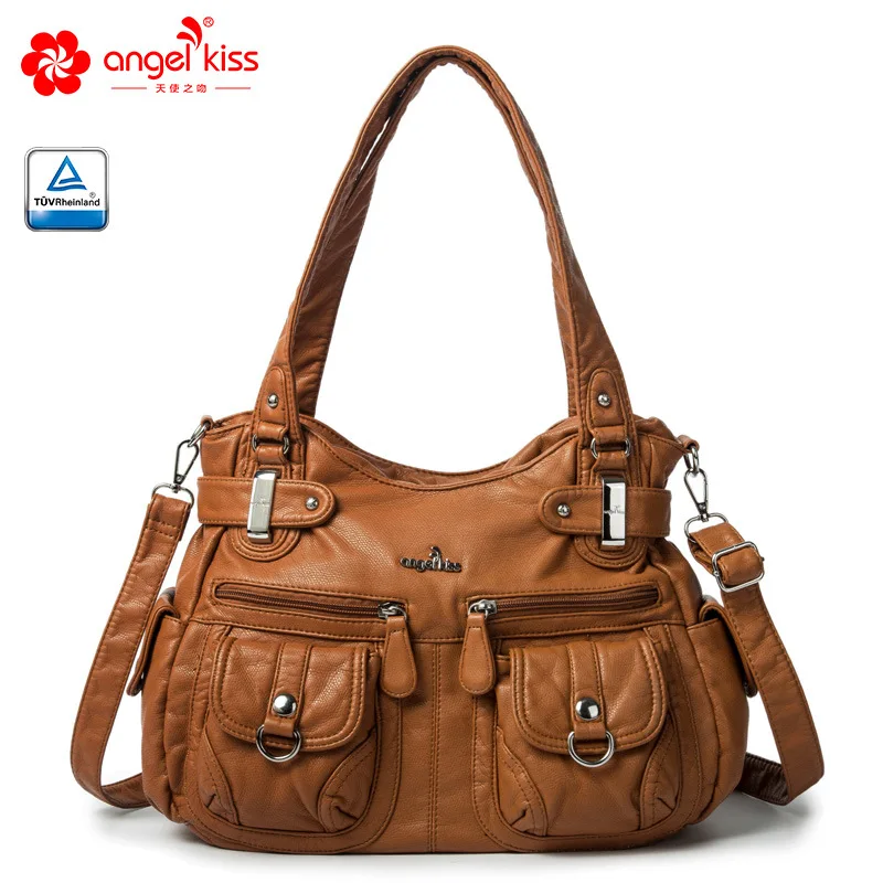  Angel Kiss Brand Skin-friendly Top Handle Satchel Shoulder Bag Washed PU Leather Tote Handbag Women - 33039636490