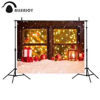 

Allenjoy photography background Christmas wood window Snow winter gifts light red balls backdrop Photo background studio