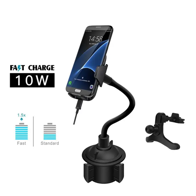 Car Qi Fast Wireless Charger Gooseneck Cup Holder Air Vent Mount for iPhone X XR XS