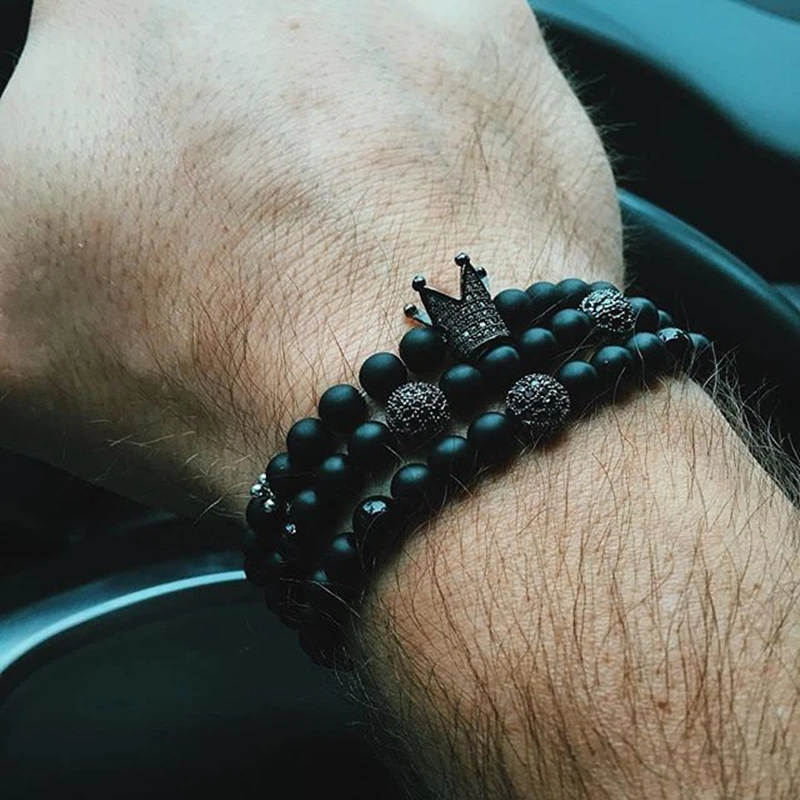 

Norooni Hot Men Bracelet Buddhist Tibetan Buddha Yoga Lucky Strand Bracelet Micro Pave Black CZ Beads Matte Stone Bead Bracelets