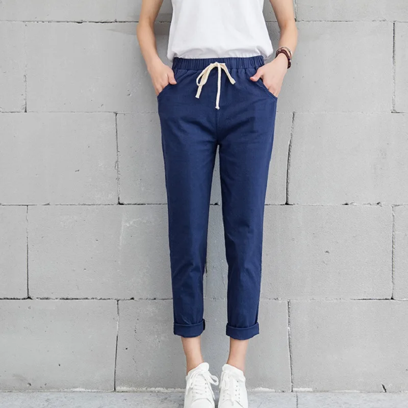 2018 шикарные хлопковые льняные длинные брюки женские с эластичной талией Карманы Свободные брюки плюс размер 2XL повседневные брюки для