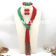 Модные красные/зеленые Африканские свадебные бусы комплект ювелирных изделий пряди хрустальные бусины Женский комплект ювелирных изделий