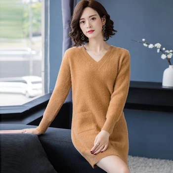 

Women Knit Dress New Autumn Lady Sweater Dress Pullovers Long Sleeve Slim Mohair Solid Sweater Dress
