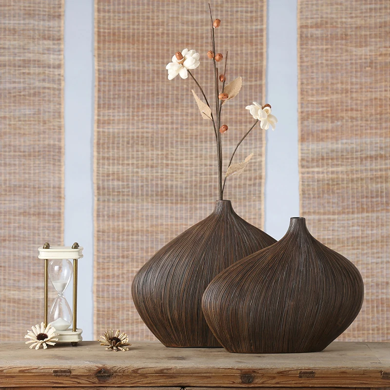brown modern resin creative Retro flowers vase pot vintage statue home