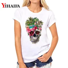 Women T-shirt Floral Skull Graphic Tee 3D Print T Shirt ulzzang White T-shirts Plus Size Lady Pullover Short Sleeve Tops short sleeve floral graphic tee