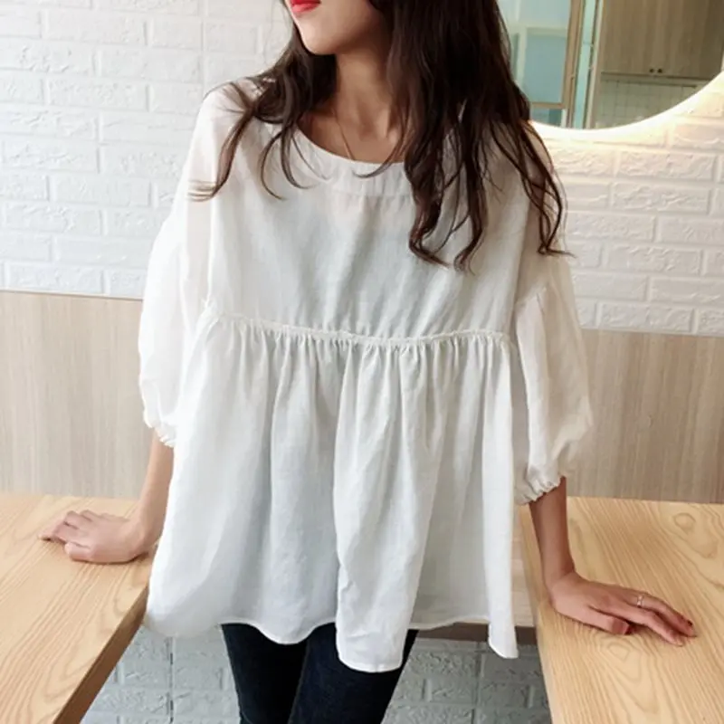 

2019 New Korean Pleated Sweet Blouse Shirt Women Loose Lantern Sleeve Green Street Fashion Girl White Casual Blouses Ladies Tops