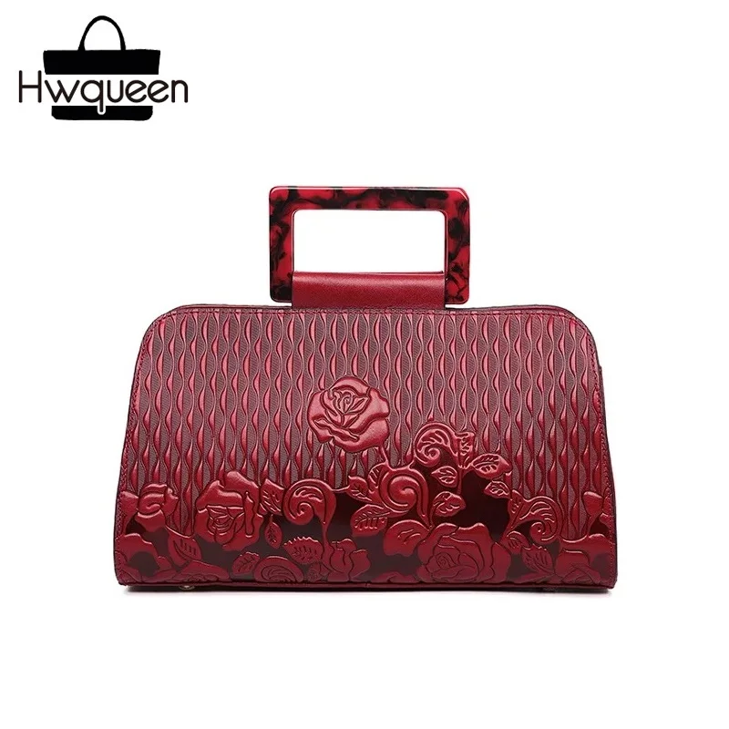 

Chinese Style Red Rose Flower Female Clutch Purse Plastic Handle Zipper Closure Handbag Genuine Leather Lady Single Shoulder Bag