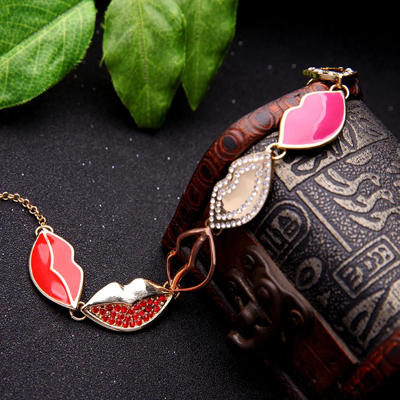 Цена красная Эмаль Кристалл браслет в форме губ женский сплав Шарм браслет имитация ювелирных изделий AliExpress