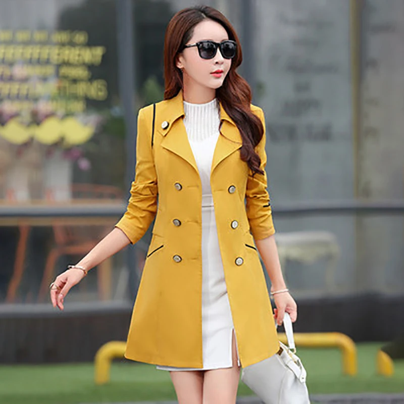 

New Autumn Women's Trench Coat Fashion Slim Solid Double Breasted Ties Medium-Long Wind-Breaker Dust Outwear For Office Lady