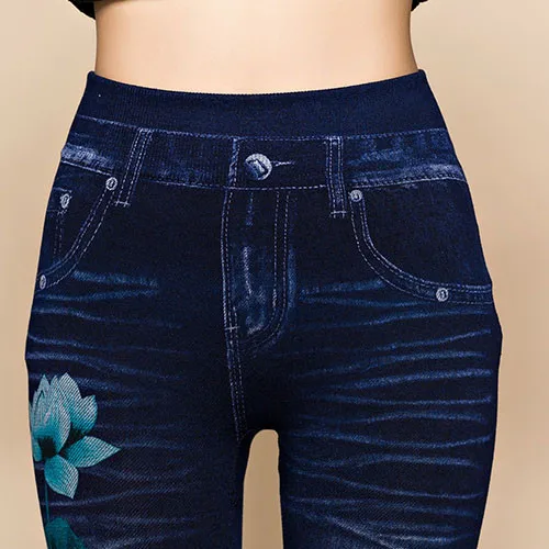 Hot New Women's Sexy Hollow Cut Elastic Pants Flower Print Skinny Jeans Denim Leggings