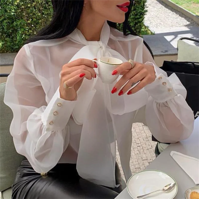 

Women Blouses Shirts Tops Bowtie Thin Tulle Transparent Lantern Sleeves See Through Elegant Ladies Fashion Casual Famale Blusas