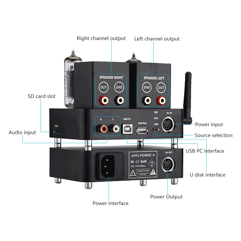 AIYIMA Мини ламповый усилитель PA1601A 6J1+ 6P14 вакуумные ламповые усилители WiFi SD карта USB диск AUX без потерь Музыкальный плеер Усилитель