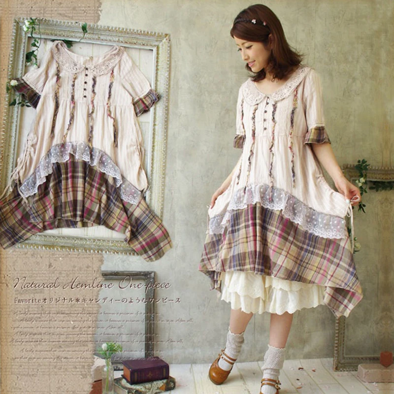 

Summer Mori Girl Lace Plaid Lolita Dress Women Sweet Sashes Ruffle Dress Peter Pan Collar knitted Dress Vestidos T397