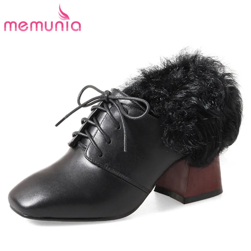

MEMUNIA HOT 2018 fashion fur pumps women genuine leather square toe thick high heel lace up spring autumn shoes casual shoes