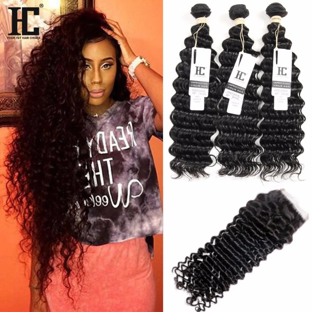 Brazilian Deep Wave With Closure 3 Bundles Deep Curly With Closure Queen Hair Products 8A Brazilian Virgin Hair With Closure HC