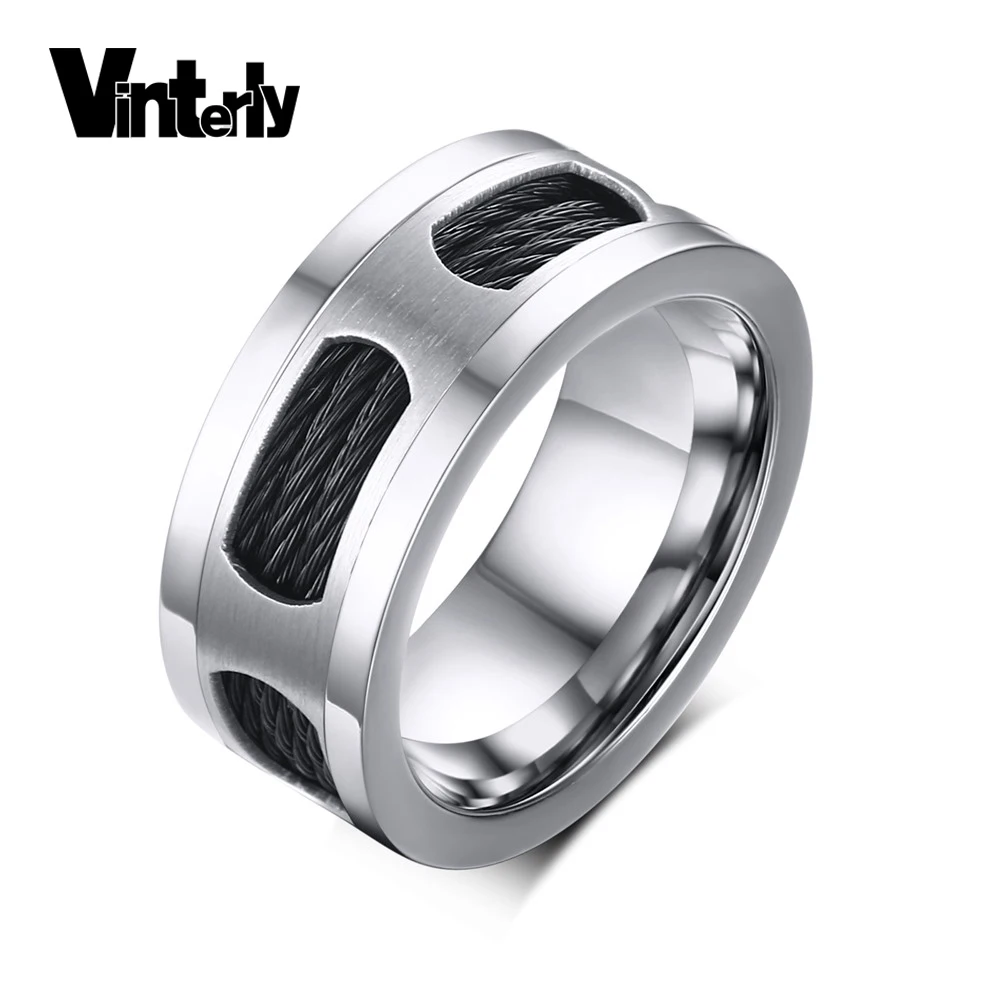 

Vinterly Men's Black Punk Cable Wire Inlaid Rings 10MM Stainless Steel Spike Jewelry Korean Creative Band Wedding Ring For Men