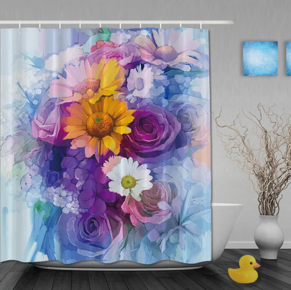 Oil Drawing Shower Curtains Colorful Blooming Flowers Nice Spring Day