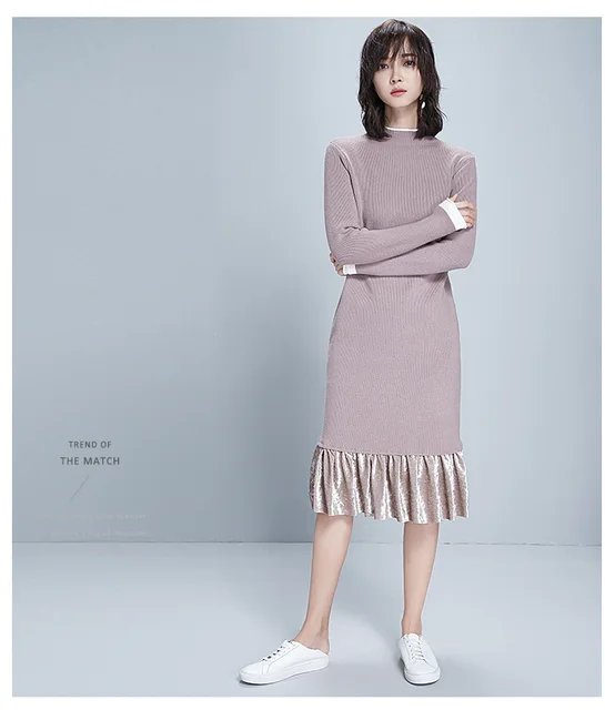 New Women O neck Knit Vestidos Long Sleeve Casual Jumper Dress Straight