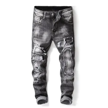 

Hot Sale New Fashion trendy men ripped jeans slim fit pencil pants streetwear male wash destroyed stretch skinny trousers
