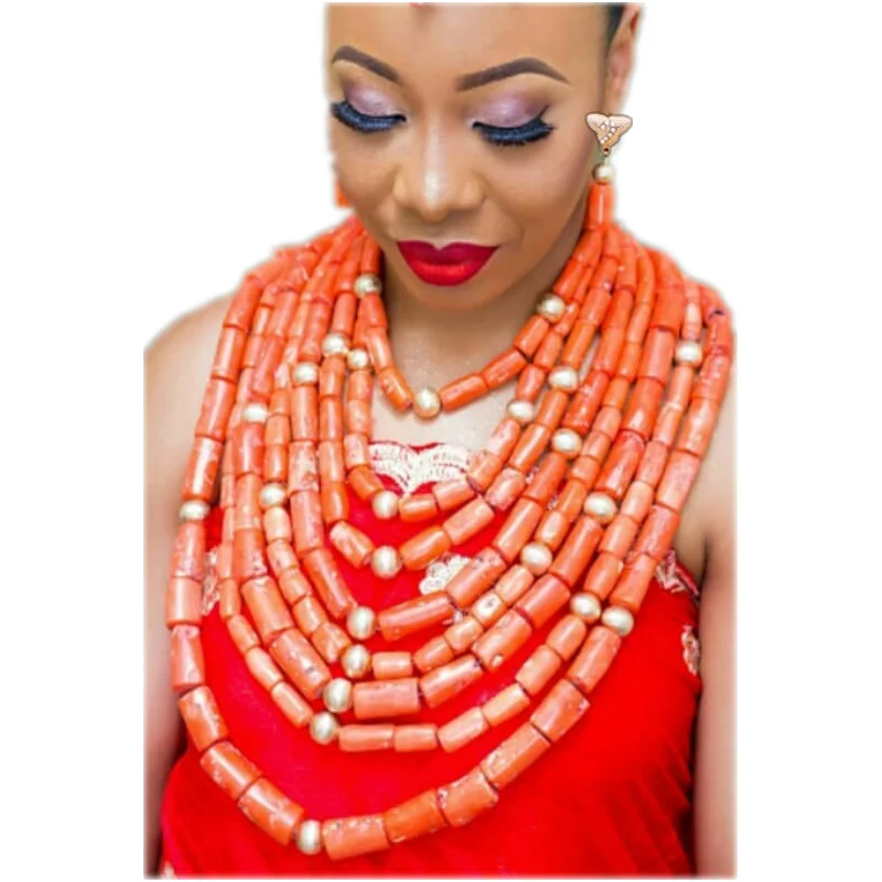 URORU для женщин украшение с коралловыми бусинами Набор для Свадьба в Африканском нигерийском стиле Свадебные цепочки и ожерелья Серьги Браслет из натуральной Коралл