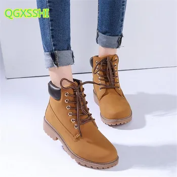 

QGXSSHI 2019 Fashion Casual Woman Leather Boots big Kids Thick Lace-up Warm Student Shoes large size bare boots