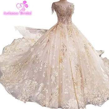 

Luxury Lace Crystals Beaded Appliques Champagne Gold Wedding Dresses Bridal Gown 2017 New Long Train Bridal Dresses For Party