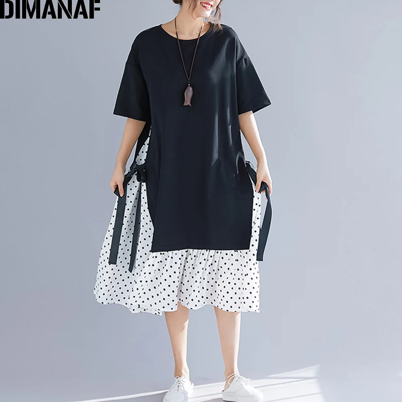 DIMANAF женское платье большого размера, летний сарафан с модным принтом в горошек, хлопковое женское платье, черное свободное пляжное платье