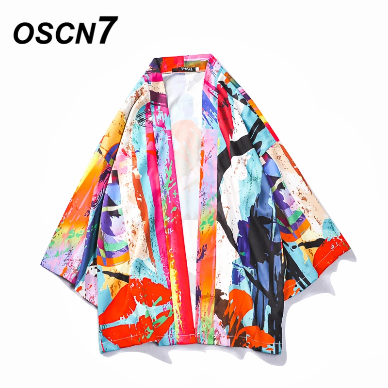 OSCN7 المطبوعة كيمونو سترة قميص الرجال الشارع 2019 كوريا كم الربع الثالث معطف قمصان Harujuku رجل قميص 686