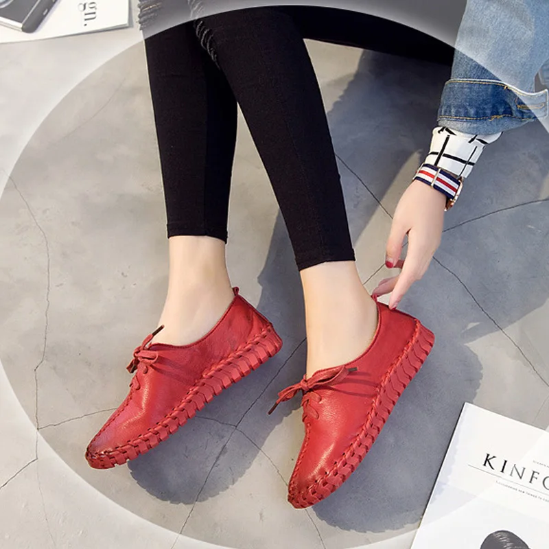 

Spring Autumn Womens Flat Shoes 2017 Fashion Lace Leather Flats Hand-Sewn Soft Female Genuine Leather Shoes Women Black White