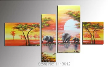 

Modern Yellow Elephant Giraffe Tree Oil Painting On Canvas Abstract 4 Panel Art Sets Home Decor Wall Picture For Living Room
