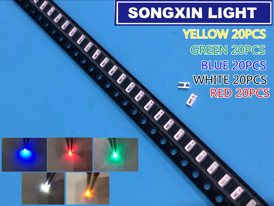 100 pçs/lote 5 cores 3014 smd led super brilhante vermelho/verde/azul/amarelo/branco água clara diodo de luz led