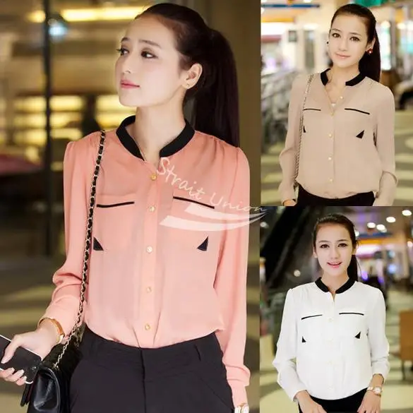2013 New Casual Fashion Women Top Button Shirt Chiffon Blouse Office OL Shirts Sheer Tops 3 colors S M Lfree shipping |