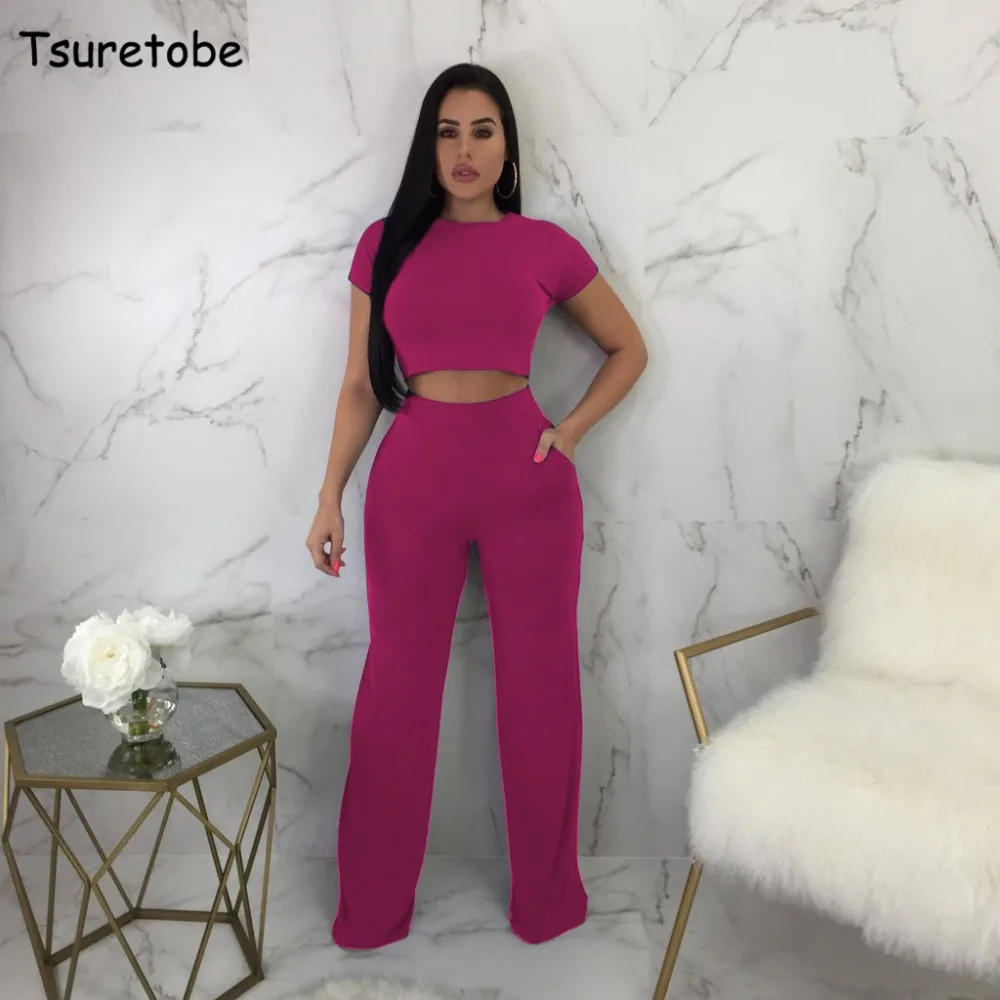 

Tsuretobe New Fashion Bodycon Casual Two Piece Set Women Pure Color Elegant Tracksuit Wide Leg Boho Two Piece Set Slim Female