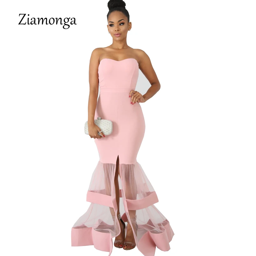 Ziamonga Vestido Longo Robe Femme Ete сексуальное длинное платье макси с открытыми плечами пляжное летнее женское Сетчатое Клубное вечернее платье - Цвет: Pink