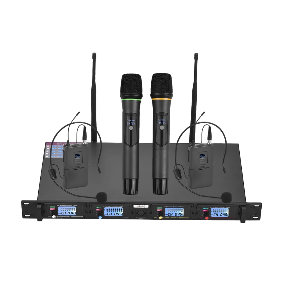 

4-Channel UHF Wireless Microphone System 2 Headset Mics with Bodypack Transmitters + 2 Handheld Mics + 1 Rack-Mount Receiver
