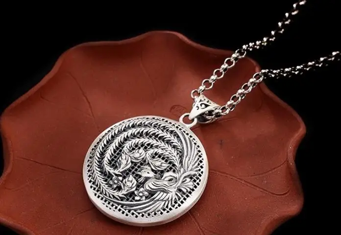 

Sterling S990 990 silver Pendant charm Hollow out Phoenix ethnic vintage necklace