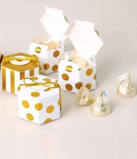 

100pcs 4.8x2.5x3cm New Small hexagonal gift box bronzing Wedding Candy Box Gift Paper Boxes Chocolate Carton Wedding Supplies