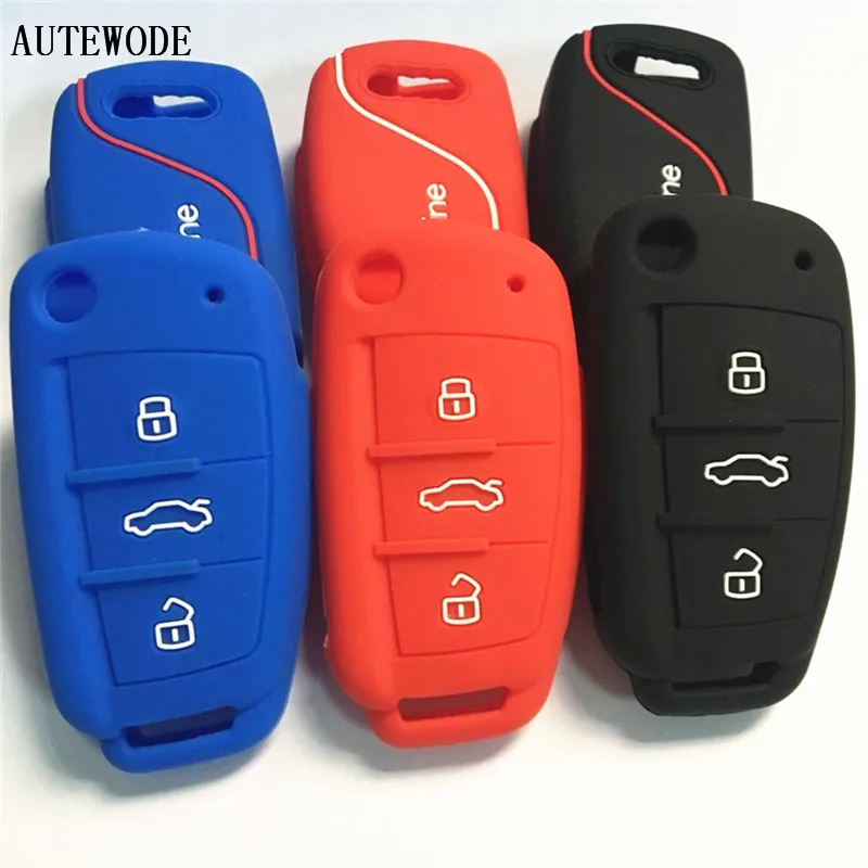 

AUTEWODE New Silicone key cover For Audi s line 3 buttons remote flip CAR KEY CASE Black red blue 1PC