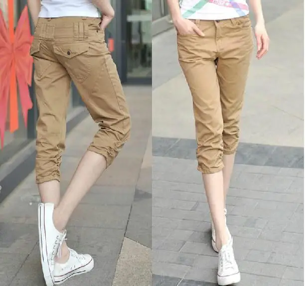Women's knee length capris army cargo pants casual loose board trousers