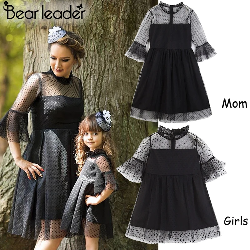 Bear Leader/кружевное платье; весенние одинаковые комплекты для семьи; черное платье для мамы и дочки; кружевные платья с рукавами-колокольчиками