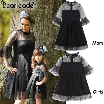 

Bear Leader Lace Dress Spring Family Matching Outfits Mother And Daughter Black Dress Lace Dresses With Bell sleeve