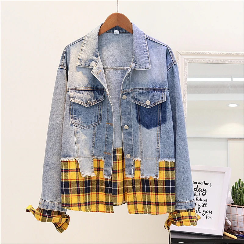 Denim Printemps Femelle Veste Plaid Irrégulière Pièce Nouveau De Faux Femmes rouge Lâche Et Étudiant Jeans Deux Manteau Automne Or Patchwork 2018 Outwear F5xvqw88