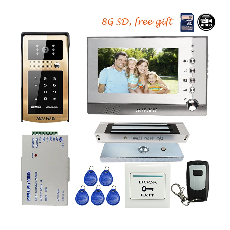 

Free Shipping 7" LCD Screen Record Video Door Phone Intercom Kit + Golden RFID Keypad Outdoor Bell Camera Electric Magnetic Lock