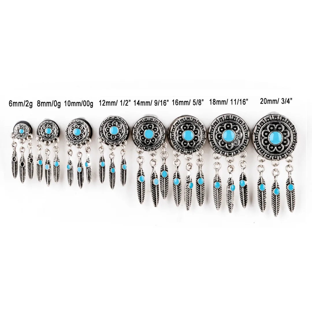 Boho Punk Tassel  Ear Flesh Tunnel Expander 1Pair Vintage Dreamcatcher Feathers Dangle Ear Plug Women Body Piercing Jewelry