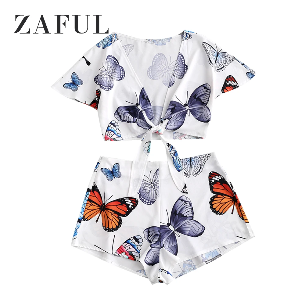 Женский короткий топ ZAFUL с бантом и принтом в виде бабочки глубоким треугольным