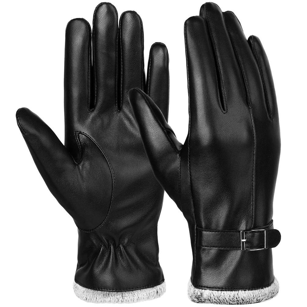Vbiger Women Pu Leather Gloves Warm Winter Gloves Soft Touch Screen