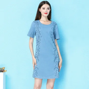 

Nordic winds 2019 dress summer elegant o-neck with diamond embroidery denim dress loose thin mini sexy dress female NW19B6195