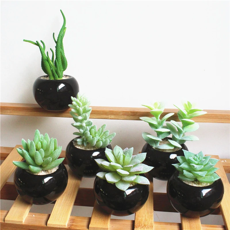 

1 Pc Mini Artificial Simulated Succulent Plant Bonsai PVC Flocking With Black Ceramic Vase Office Home Desktop Decoration