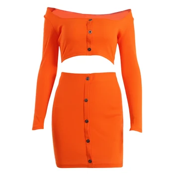 

2019 Summer 2PCS Sets Women Sexy Off Shoulder Long Sleeve Crop Top +Short Skirt Bodycon Cocktail Party Button Design Set Outfits