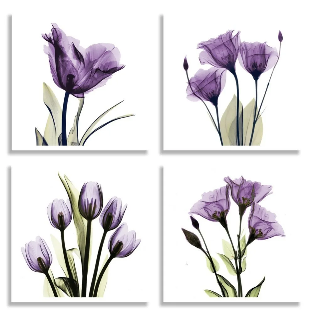 4 Panel Elegant Tulip Purple Flower Canvas Print Wall Art Painting For